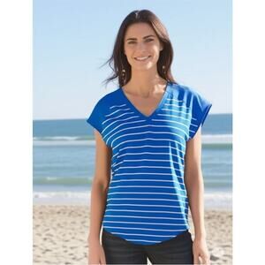 Adrienne Vittadini Blue White Striped V Neck Short Sleeve Shirt Small